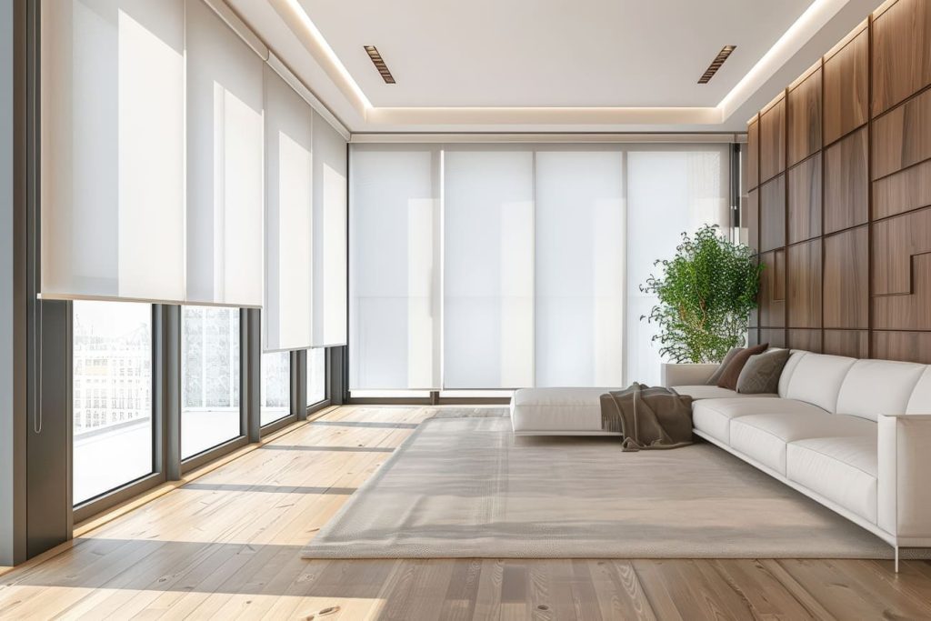 una-gran-sala-de-estar-con-un-sofa-blanco-y-una-imagen-generativa-de-una-planta